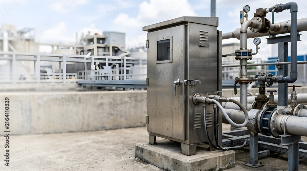 Fototapeta premium weatherproof automatic wastewater sampling cabinet for treatment plant monitoring water quality testing and environmental compliance