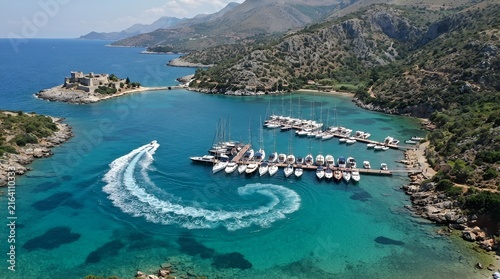 Aerial View of Boats at Floating Dock in Clear Turquoise Bay with Swirling Wake, Porto Palermo Albania Coastal Seascape