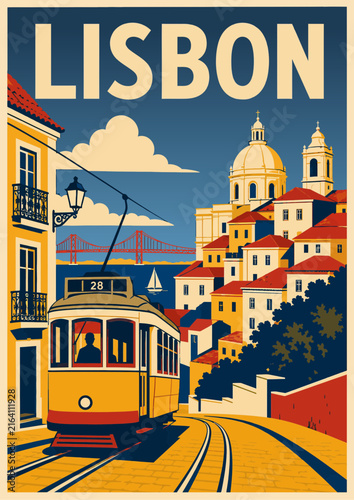 099-06-Iconic lisbon tram 28 on a winding street with the pantheon and 25 de abril bridge in the background