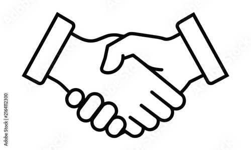 Two stylized black monoline hands clasped in a firm handshake isolated on a white background. Business agreement concept