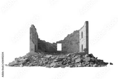 Ancient stone building ruins collapsing on transparent background
