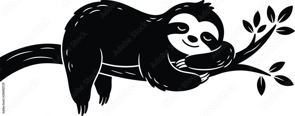 Naklejka premium Cute Sloth Silhouette Illustration Sleeping on Tree Branch with Tropical Leaves, Relaxed Wildlife Character for Nature and Animal Designs