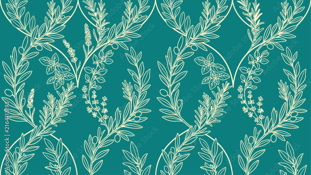Fototapeta premium Botanical Herbs and Olive Branches Seamless Pattern with Line Art Outline on Teal Background. Flat vector illustration EPS 10.