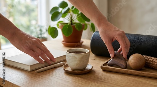 Person preparing a peaceful morning routine with tea and meditation tools on a wooden desk.