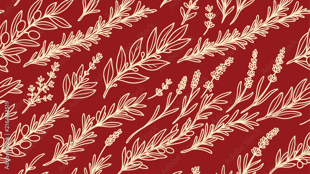 Fototapeta premium Seamless Red Pattern with Hand-Drawn Mediterranean Herbs: Rosemary, Lavender, and Olive Branches. Flat vector illustration EPS 10.