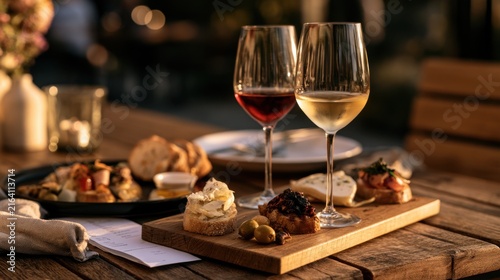 Two red and white wine glasses with crostini and a restaurant bill on a rustic wooden table for intimate evening dining background and menu layout