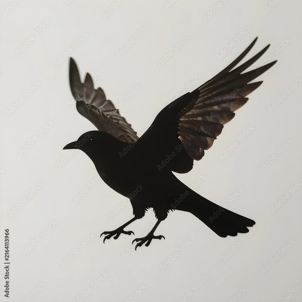 Naklejka premium Freedom and independence concept, black bird silhouette in flight with wings spread, isolated on a clean white background