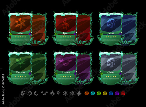 Christmas-themed elemental trading card collection featuring snow-covered winter frames, fire, water, nature, arcane, and wind element cards with matching icons and colorful gems