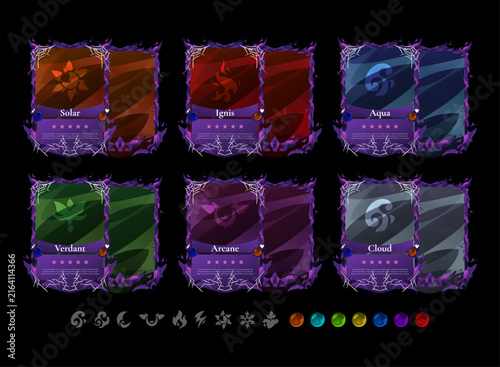 Halloween-themed elemental trading card collection featuring gothic spider web frames, fire, water, nature, arcane, and wind element cards with matching icons and colored gems. Perfect for fantasy RPG