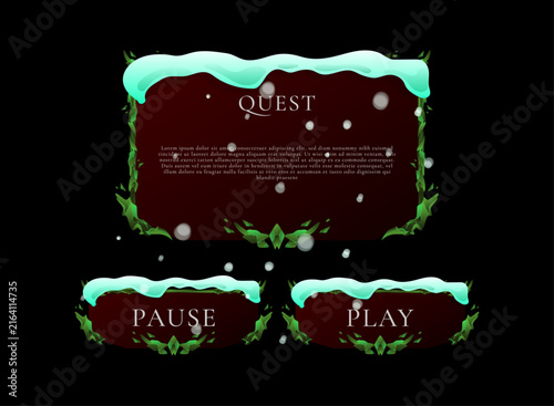 Christmas fantasy medieval game interface featuring a snow-covered quest panel, winter-themed menu buttons, decorative nature frame, falling snow effects, and festive GUI elements.