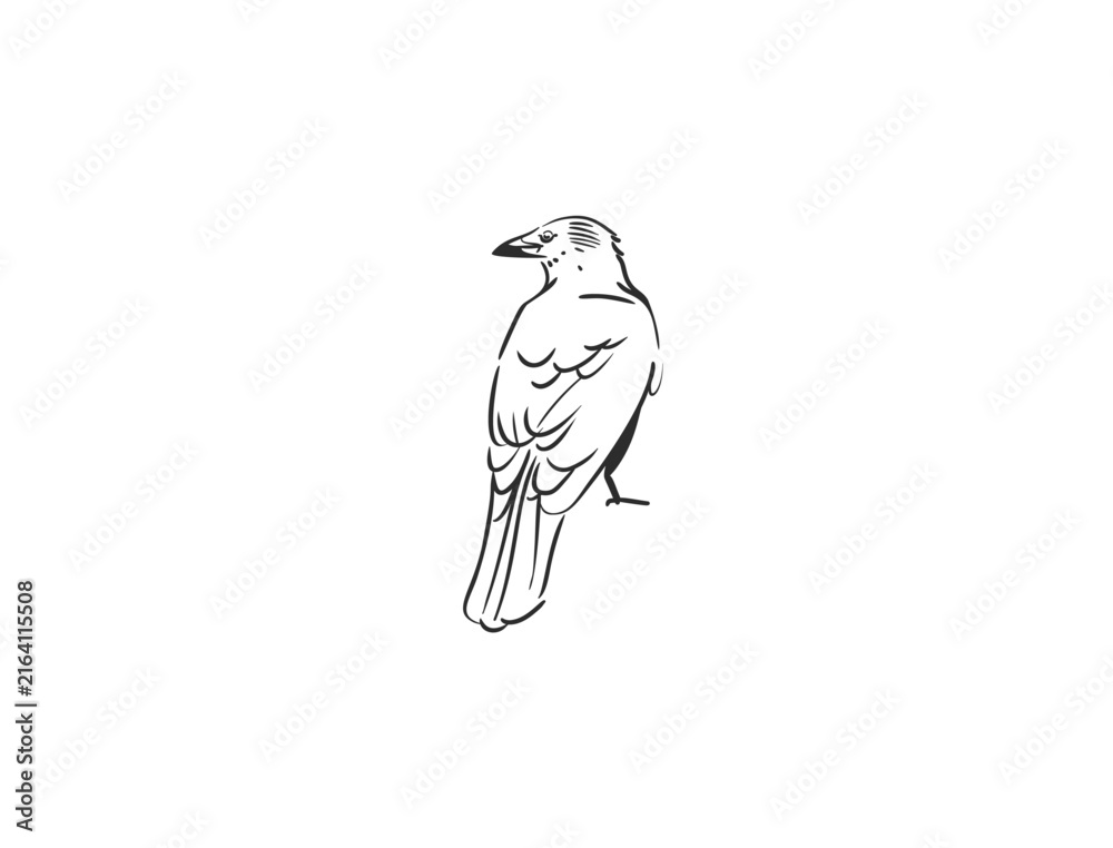 Naklejka premium Raven Bird Hand Drawn Line Art, Gothic Crow Sketch, Mysterious Black Bird Tattoo Style Vector Illustration Isolated on White.