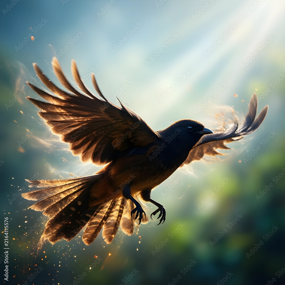Naklejka premium Freedom and nature concept bird in flight with spread wings wildlife and environmental conservation sunlight and motion blurred