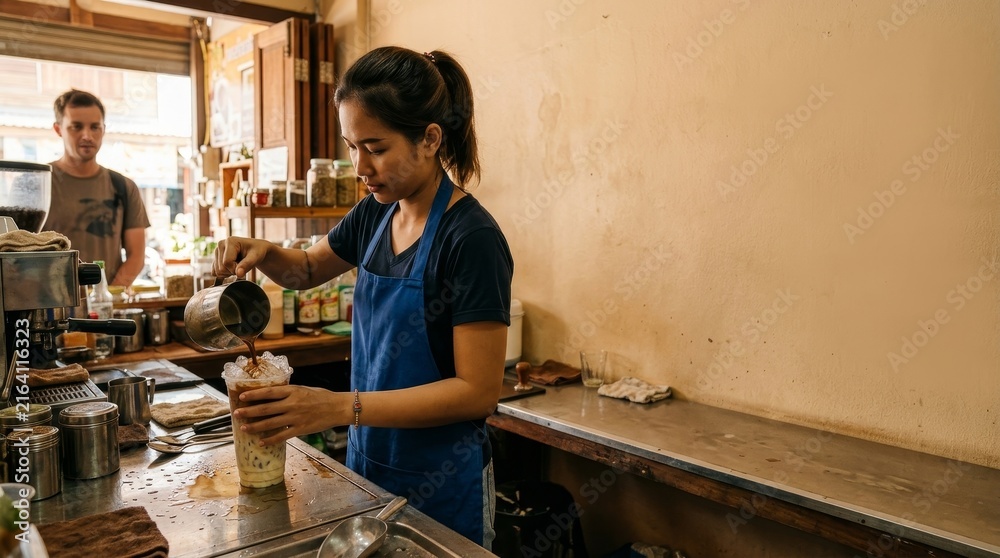 Fototapeta premium Woman Preparing Food in Small Kitchen with Wooden Shelves and Cooking Equipment
