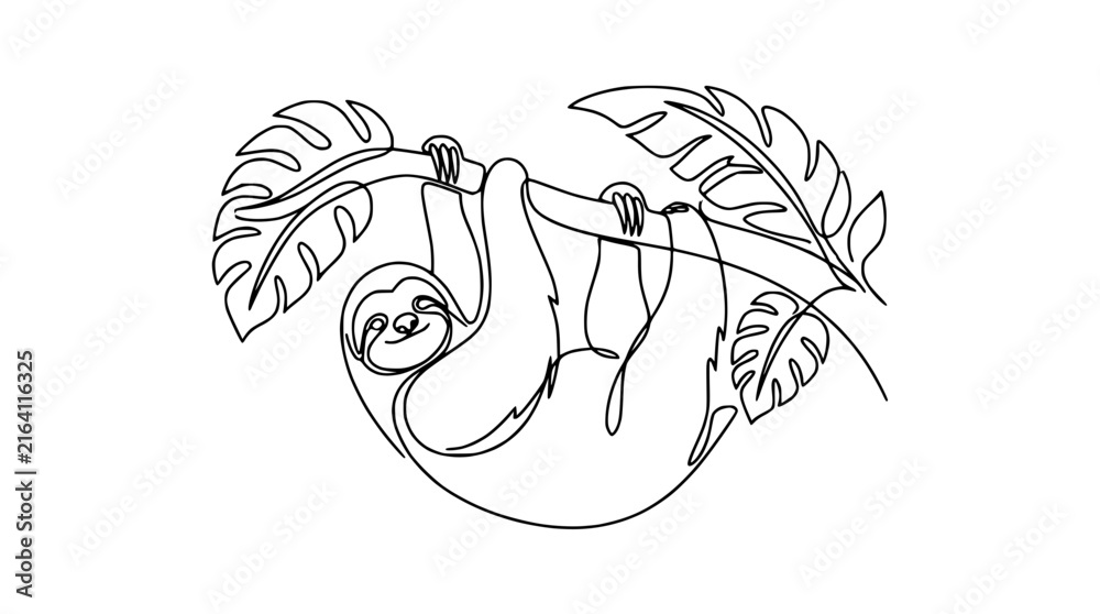 Naklejka premium One Line Drawing Sloth Hanging on Tree Branch with Leaves, Isolated
