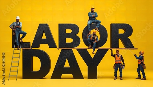 Labor Day Text With Construction Workers Climbing Ladder And Standing On Yellow Background