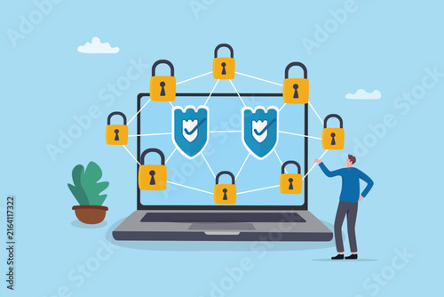 Digital security protection, network safety secured lock, encryption padlock cyberspace or information privacy, risk or threat, businessman computer laptop with safety shield and security padlock.