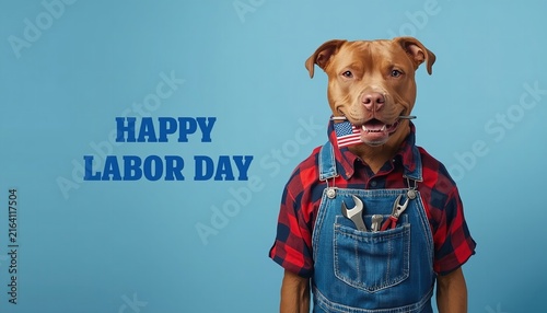 Happy Labor Day Text With Dog Wearing Plaid Shirt And Overalls Holding Wrench On Blue Background