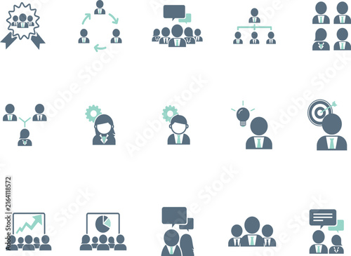Business team icons organizational chart and meeting symbols flat vector set for pre
