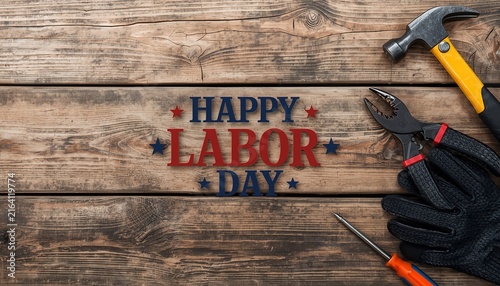 Happy Labor Day Text With Hammer Pliers Screwdriver Gloves On Rustic Wooden Background Holiday Greeting Design