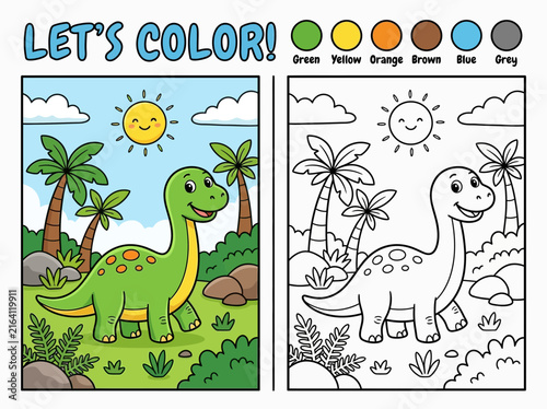 Bild auf Leinwand Educational coloring page for children featuring a cute cartoon dinosaur in a pr