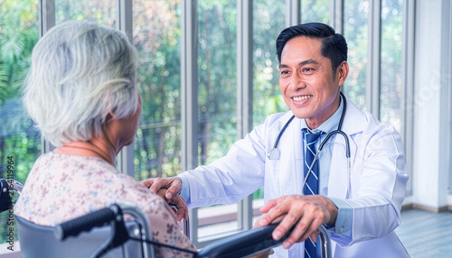 Caring male Asian doctor talking to senior woman patient in wheelchair offering comfort medical advice consultation hospital geriatric care compassionate practitioner supporting elderly healthcare