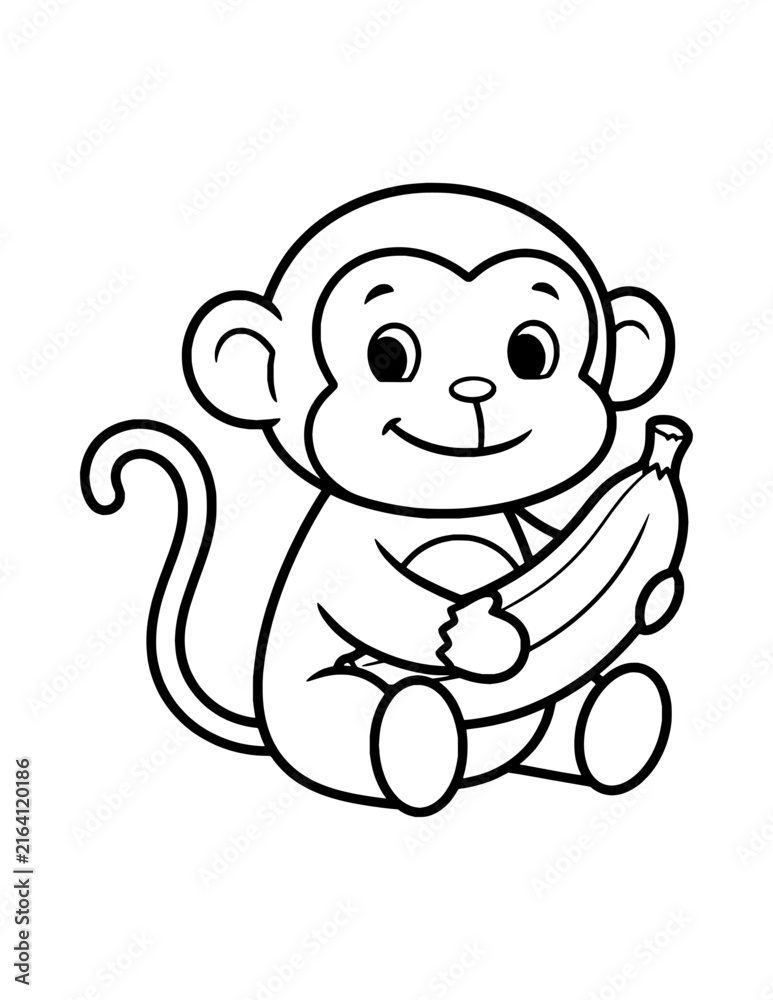 Fototapeta premium Funny Monkey Coloring Page for Kids. Simple Wild Animal Outline Illustration for Children.