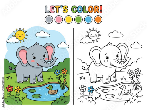 фотографія Educational coloring page for children featuring a cute elephant standing by a p