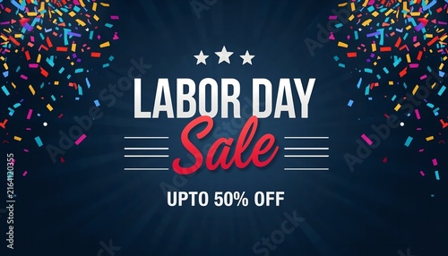 Labor Day Sale Banner with Colorful Confetti and Stars on Dark Blue Background Design