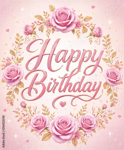 Happy birthday greeting card design with beautiful pink roses and golden leaves in a circular wreath frame for celebration events and special romantic occasions