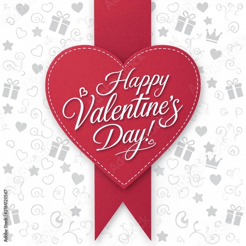 Happy valentines day heart shape tag with pink ribbon