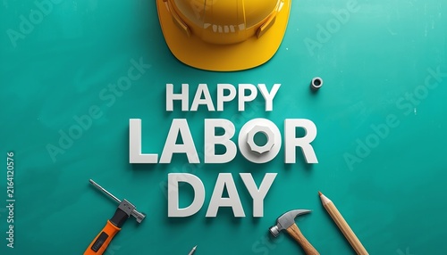 Happy Labor Day 3D Text with Hard Hat Hammer and Tools on Teal Background
