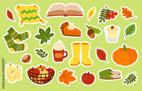A cute collection of autumn sticker elements featuring cozy socks, pumpkin pie, warm drinks, leaves, and seasonal decor