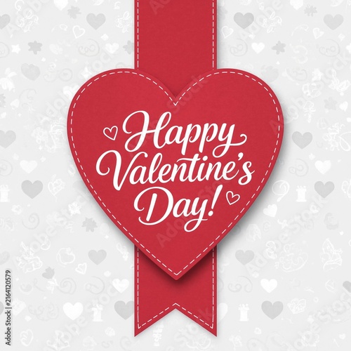 Happy valentines day red heart label with ribbon