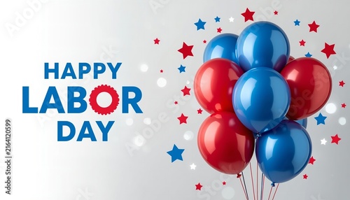 Happy Labor Day Text with Red White and Blue Balloons and Stars Design