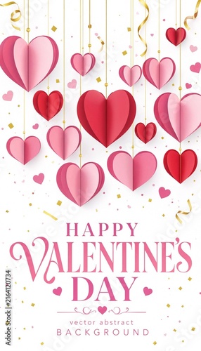 Happy valentines day greeting card with hanging paper hearts