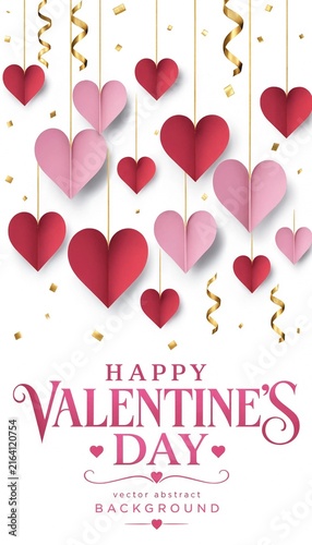 Happy valentines day greeting with hanging pink paper hearts