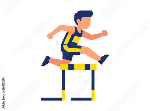 Young boy jumping over hurdle in track and field vector illustration