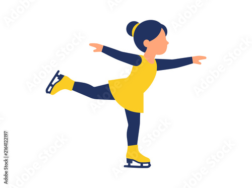 Young Girl Figure Skater in Yellow Dress Vector Illustration
