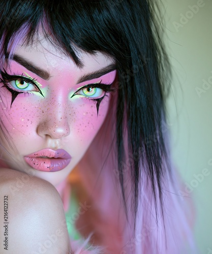 Frontal headshot of a woman featuring two-tone pink and dark hair with sharp geometric neon eye makeup and pink cheeks Theme of avant-garde cosmetics