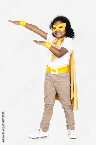 Quadro su tela Cheerful kid in a superhero costume