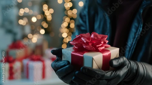 Hands in Black Gloves Holding Christmas Gift Box with Red Bow