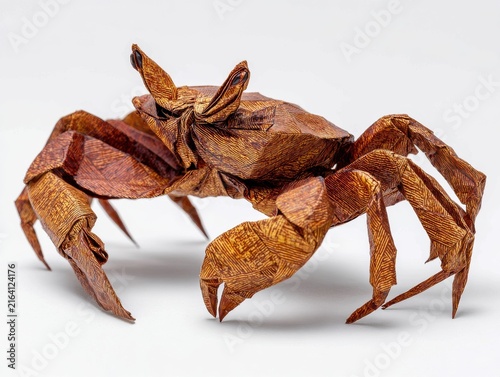 Complex Brown Paper Origami Crab Sculpture Isolated On White Background