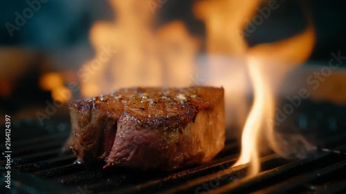 Juicy Steak Grilling with Flames, Close-up Food Preparation Cinematic Shot