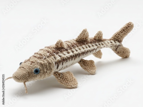 Crochet Sturgeon Fish Doll Handcrafted Textured Yarn Toy Isolated On White Background