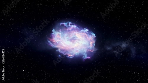 Colorful nebula cloud formation in deep space with swirling gases and stars, showcasing vibrant hues of pink, blue, and purple against a dark cosmic background