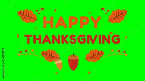 Decorative Autumn Celebration Greeting Featuring Thanksgiving Text Elements with Seasonal Foliage and Nut Graphics on a Vibrant Green Background