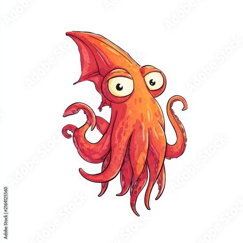 Cute Cartoon Orange Squid With Big Eyes Floating On White Background Digital Illustration
