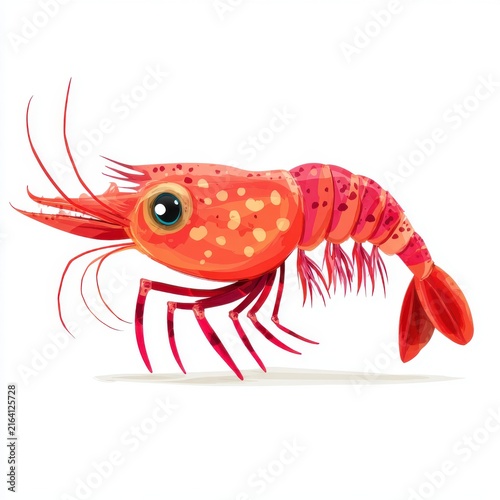 Cute Cartoon Red Shrimp Illustration With Spotted Pattern And Large Expressive Eyes On White Background