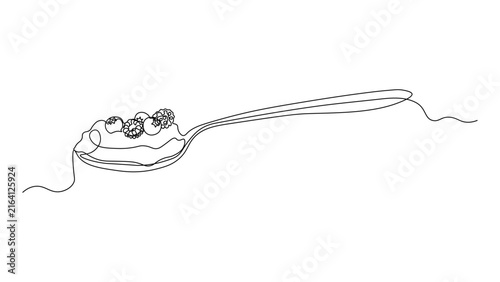 Continuous line drawing of a spoon with berries and yogurt, minimalist kitchen utensil and dining illustration
