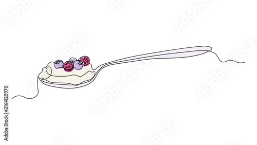 Continuous line drawing of a spoon with berries and yogurt, minimalist kitchen utensil and dining illustration